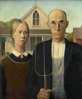 03 grant wood man and woman with stern expession stand side by side the man holds a pitch fork 1930 280x