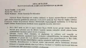 Adalar İlçesi Hayvan Sağlık Zabıtası 13 Şubat 2018 tarihli komisyon kararı